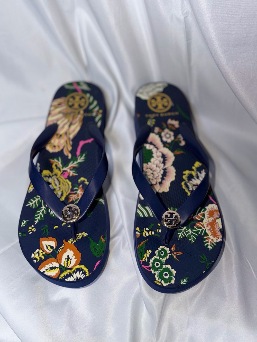 Tory Burch Navy Floral Logo Flip Flops